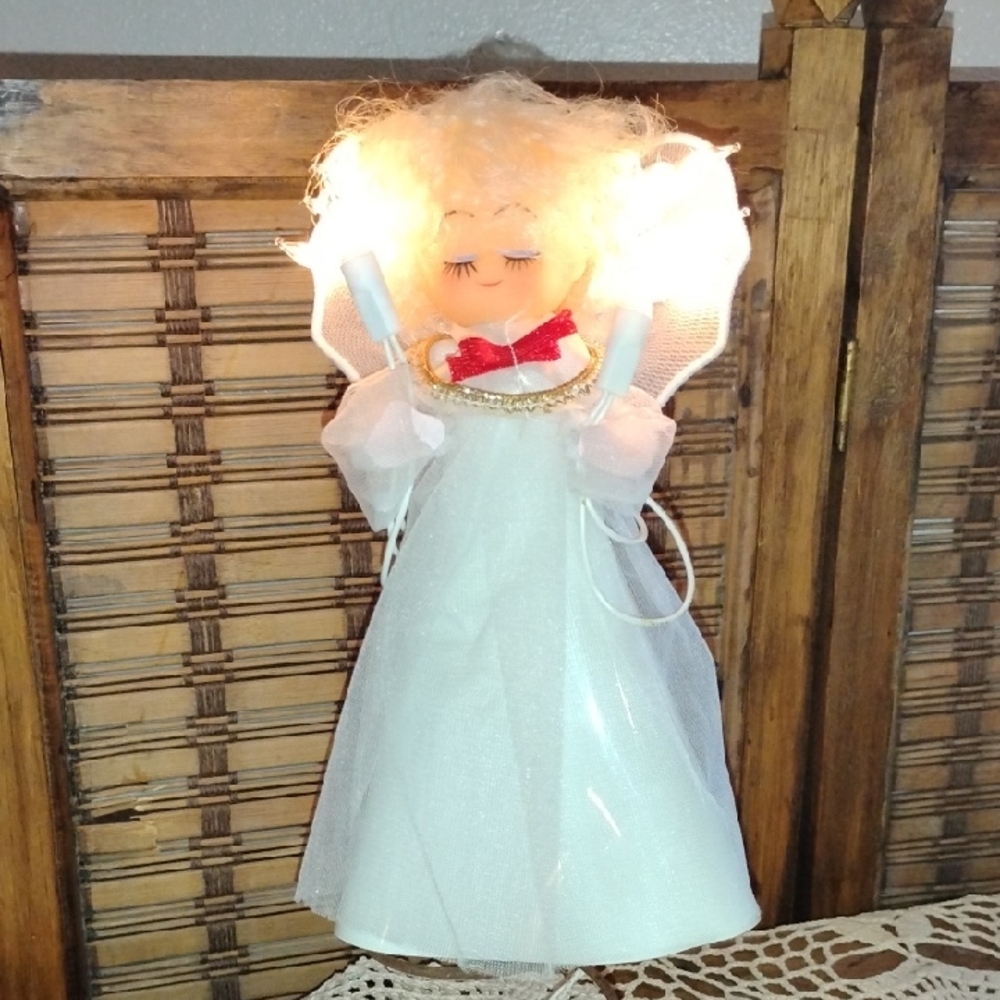 Vintage 1960s Working Mod Angel Tree Topper with Gold Accent and Red Bow Lights